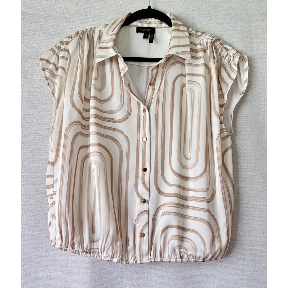 Donna Karan New York Abstract Print Gold Button Down Blouse Tan Cream Wmn Med - Picture 2 of 9